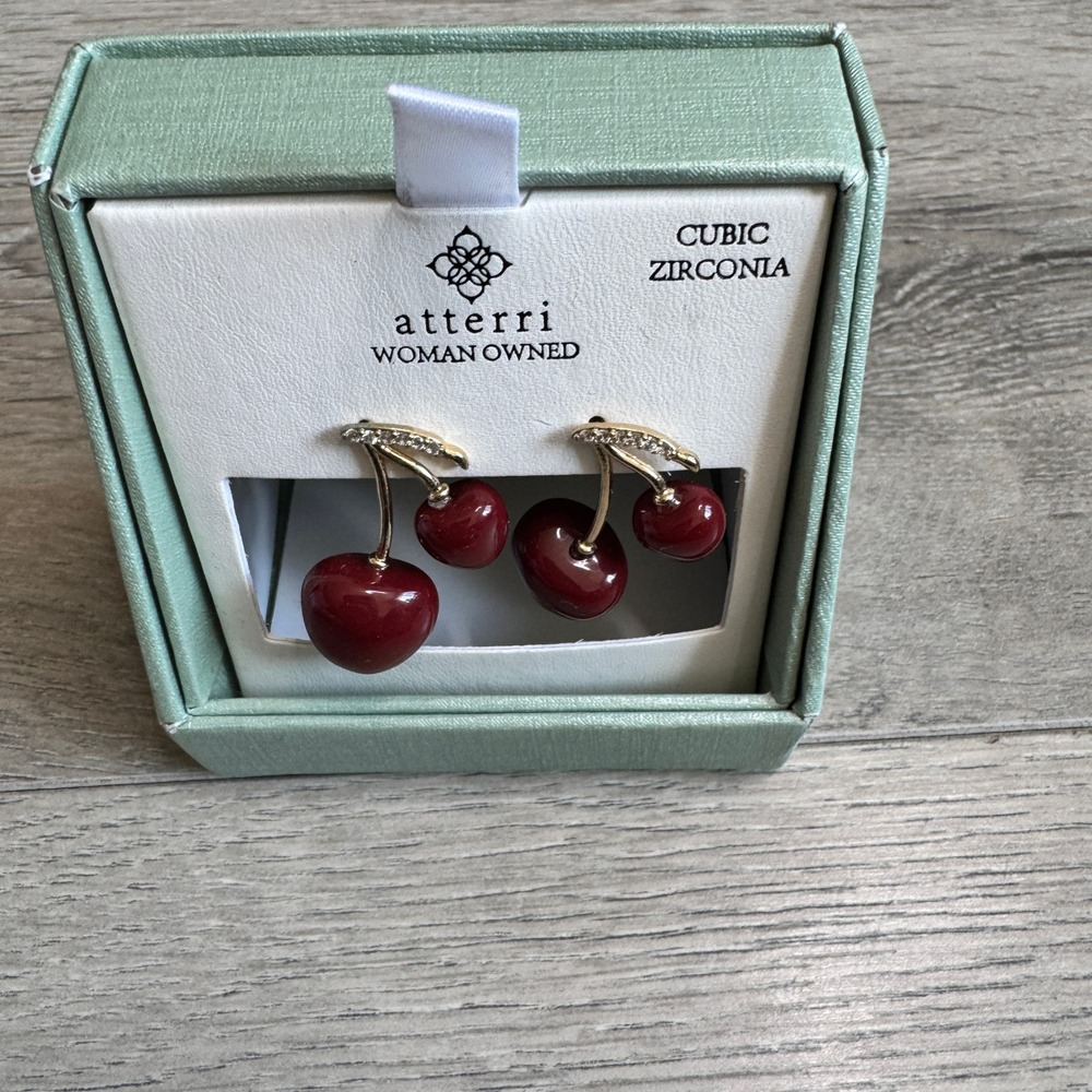 Atterri Red Cherry Cubic Zirconia‎ Gold Tone Drop Earrings NIB Woman Owned